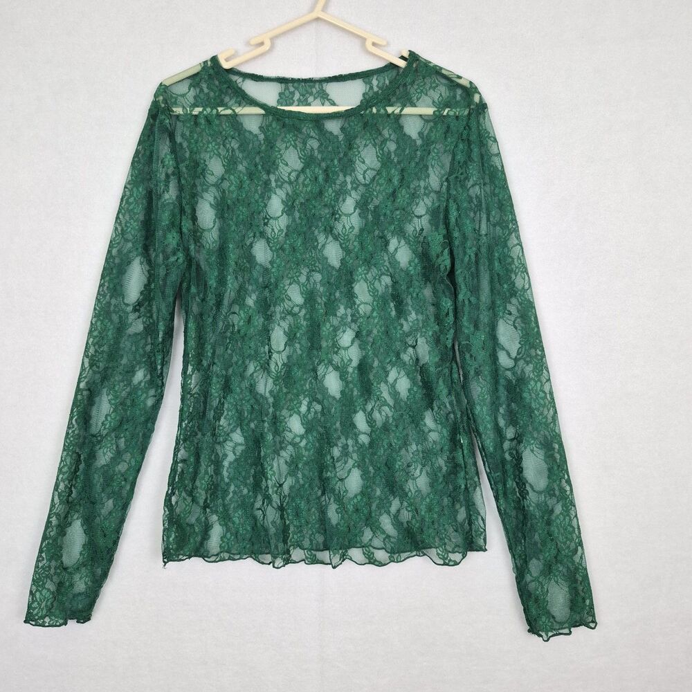 Green Floral Lace XL Long Sleeve Layering Top Whimsigoth Fairycore Boho Garden
